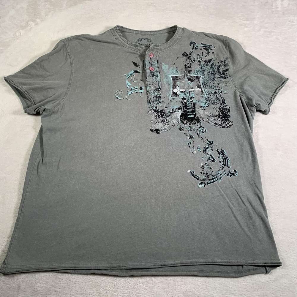 Modern Culture Shirt Mens 2XL Gray Henley Graphic Distressed Short Sleeve Casual
